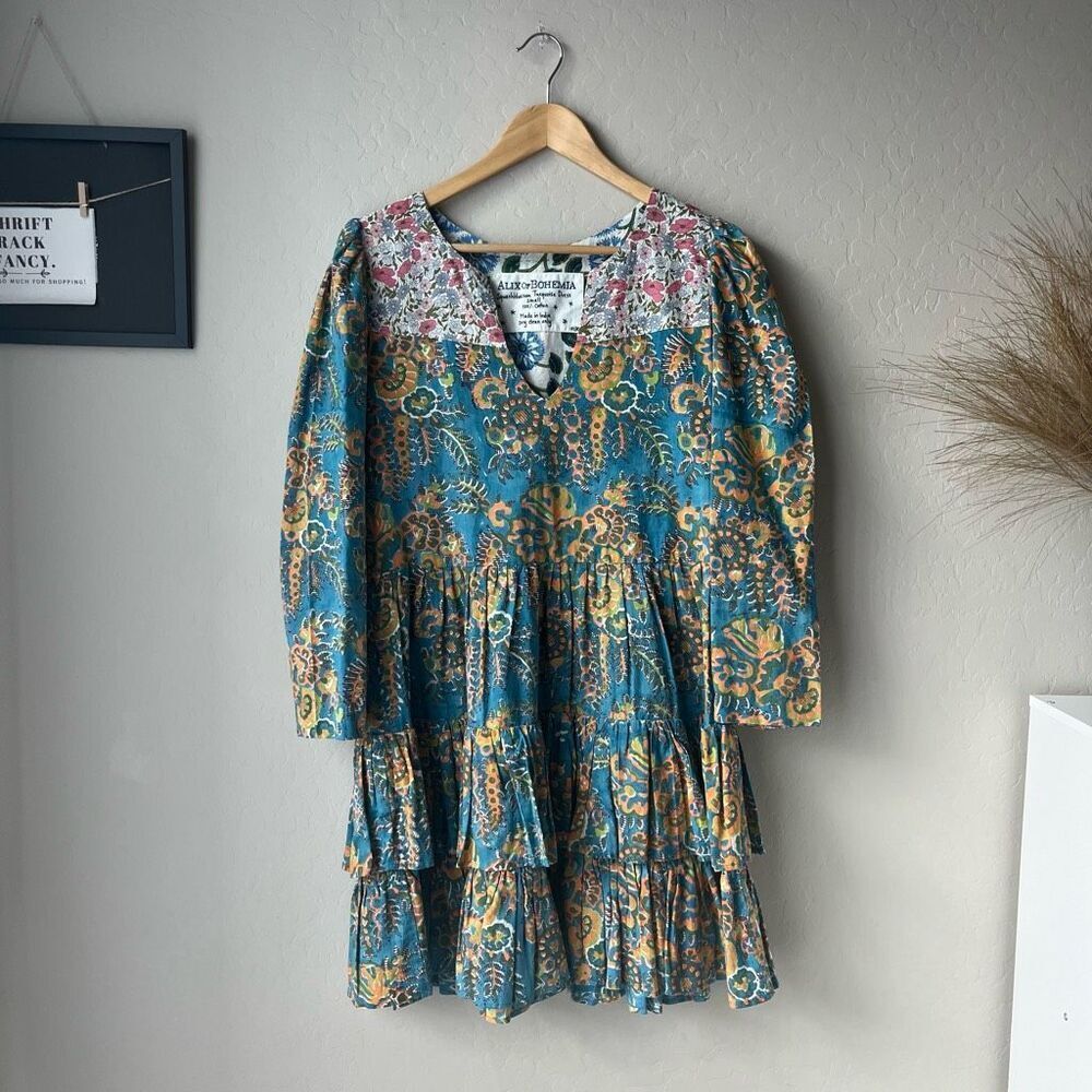 Alix of Bohemia Squash Blossom‎ Turquoise Print Tiered Mini Dress Size Small